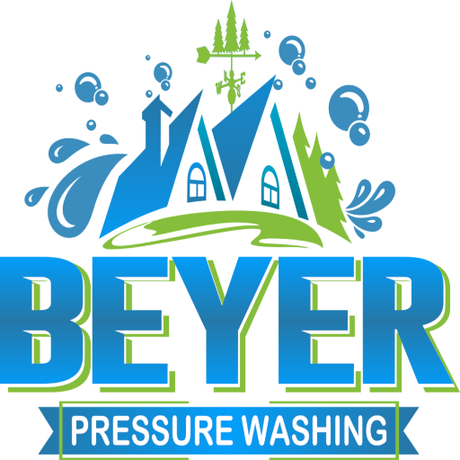 A stylized house, with a weather vane on top, being splashed with cleaning bubbles and water spray. The green trees and blue house and blue spray, interplay creating a really fun and clean feeling. Below this image we see BEYER in bold print, with Pressure Washing below it in a readable font. San Antonio Decks, Sidewalks, Gutters, Driveways, Parking areas, walls, windows, vehicles, signs, and MORE are professionally serviced in the San Antonio Texas area, and surrounding neighborhoods and towns.