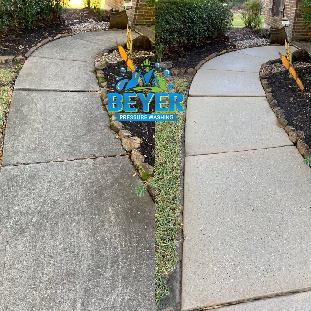 This is a before/after photo of a sidewalk that was pressure washed by Beyer Pressure Washing