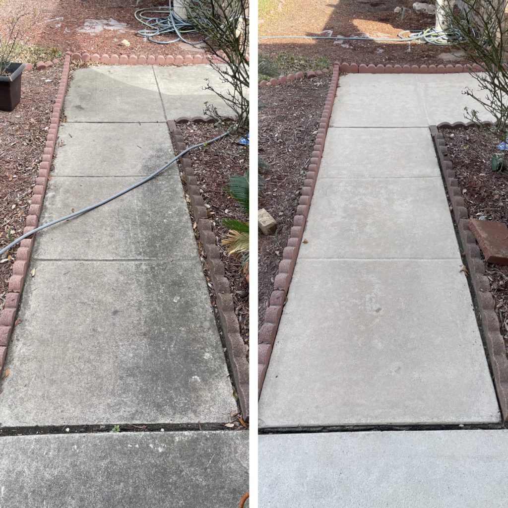 Before and after cleaning a small walkway for our client in San Antonio Texas. We used a custom mixture to pretreat and post treat this concrete walkway, and then washed it with our surface cleaner attachment. This ensures an even clean on every part of the walkway. We're pleased with the results!