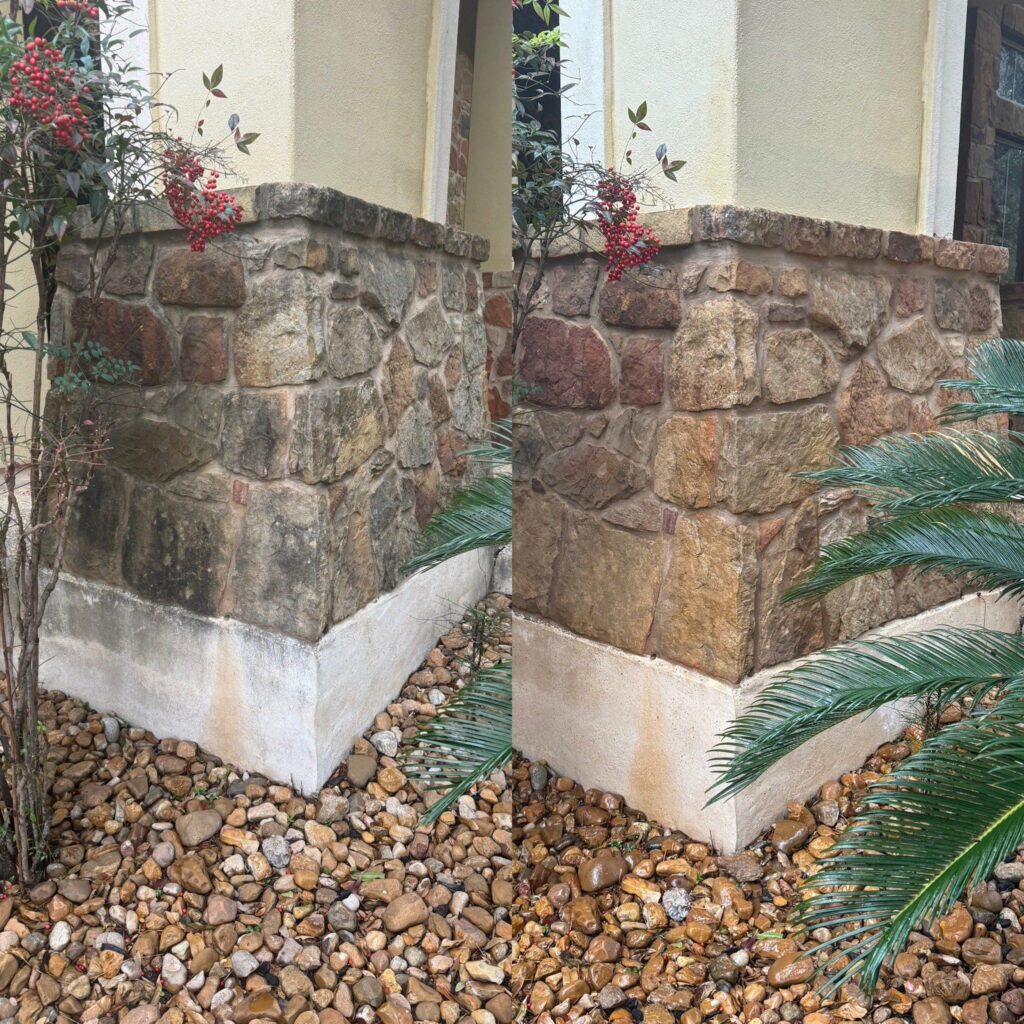 The Service Shown Is Pressure Washing The Stone And Concrete Surfaces Removing Dirt And Stains For A Clean Appearance