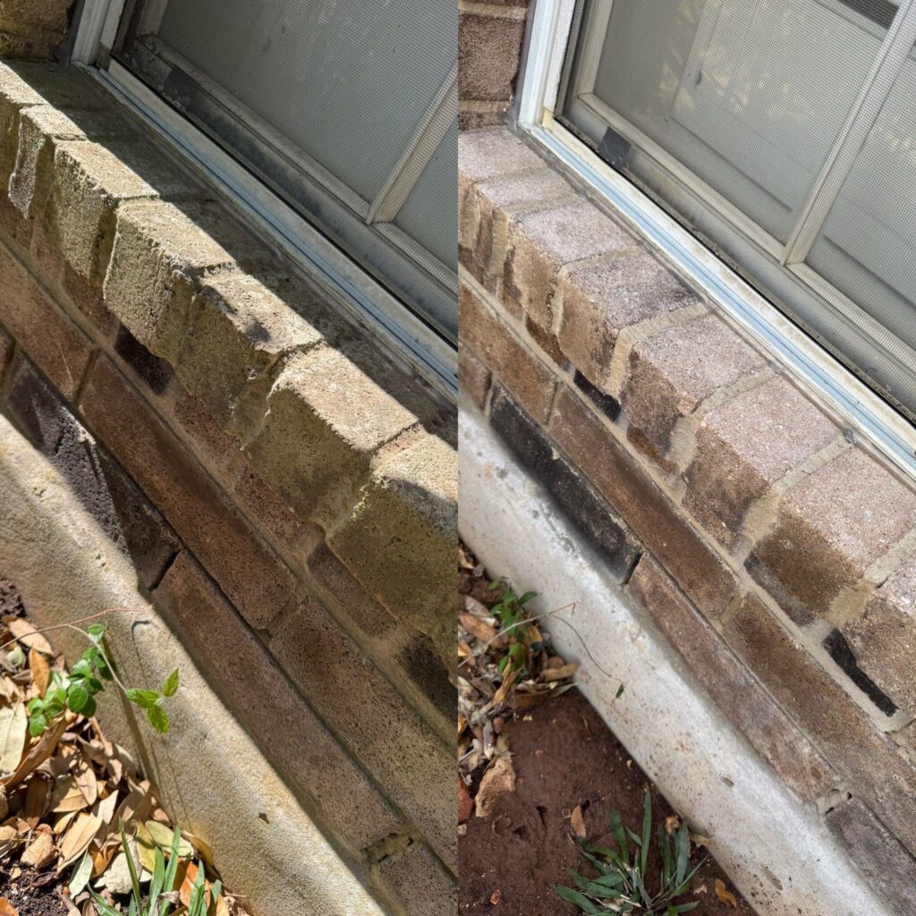 Cleaning And Restoring The Appearance Of Brick And Concrete Surfaces Around A Window Frame To Remove Dirt And Grime