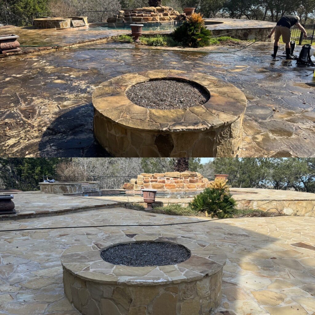 Surface Cleaning Of Stone Patio Area Using Pressure Washing Techniques To Remove Dirt And Stains For Improved Appearance