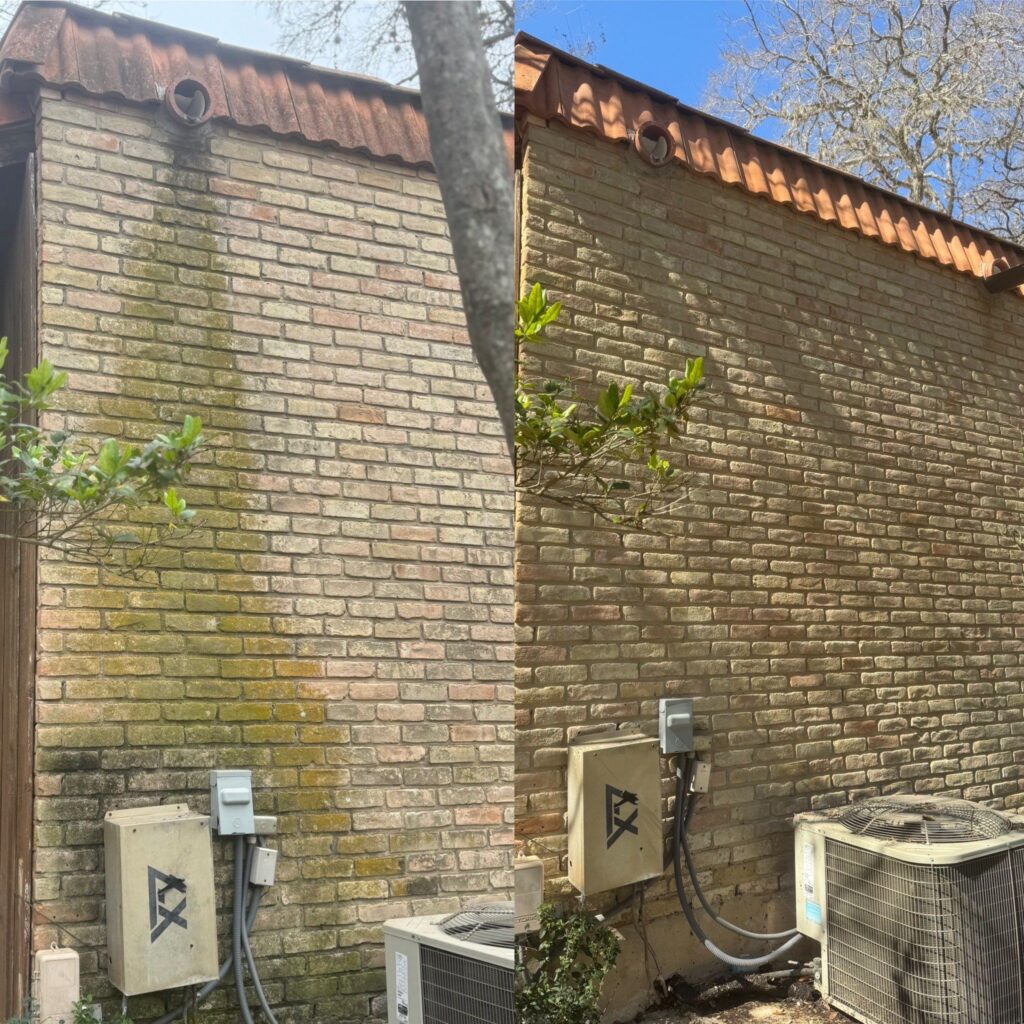 The Image Shows Pressure Washing Applied To A Brick Wall Removing Dirt And Mildew Restoring The Surface'S Appearance To Clean