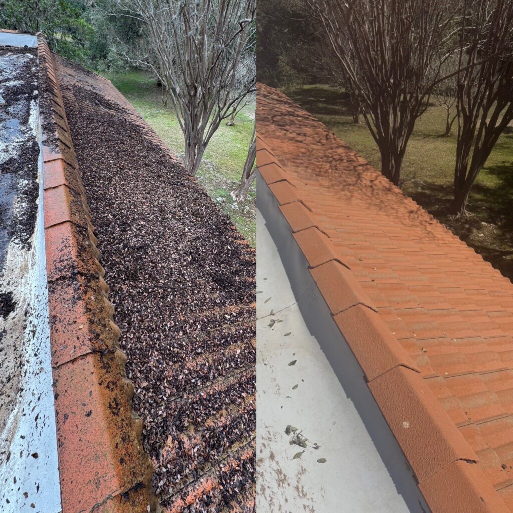 The Service Shown Is Gutter Cleaning And Roof Maintenance Removing Debris From The Surface For Better Functionality And Appearance