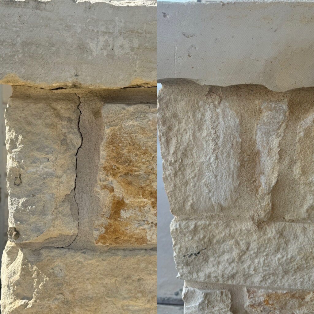 The Surface Is Being Cleaned And Restored Revealing A Smoother Appearance And Removing Discoloration And Stains From The Stone.
