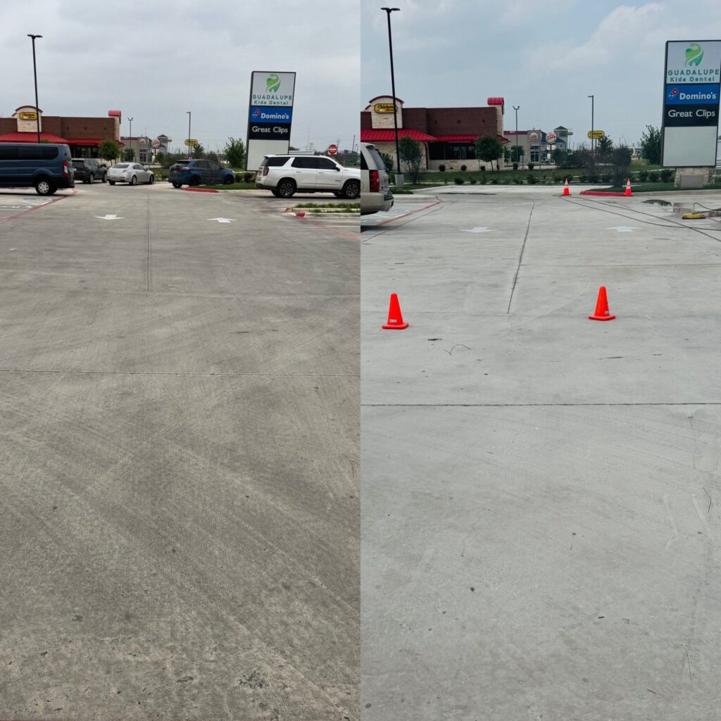 The Image Shows Pressure Washing Services Being Done On Concrete Surfaces Removing Dirt And Grime For A Cleaner Appearance