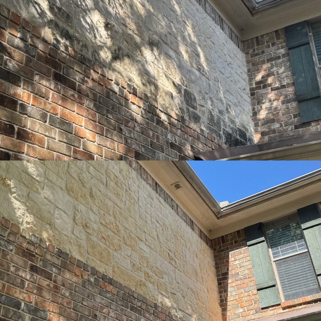 The Image Shows Pressure Washing Services Being Performed On Exterior Brick And Stone Surfaces To Remove Dirt And Grime