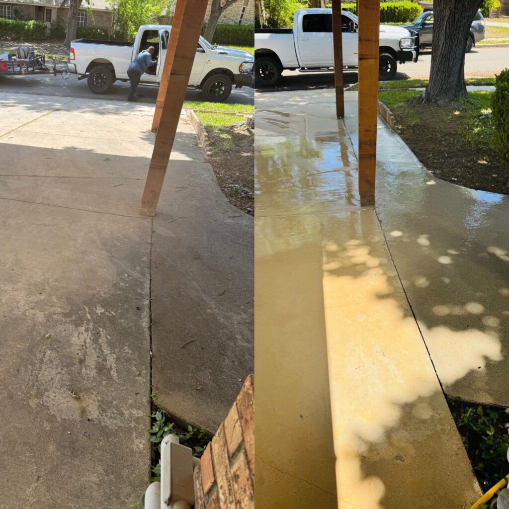 The Service Being Done Is Pressure Washing A Concrete Surface To Remove Dirt And Grime Restoring Its Appearance