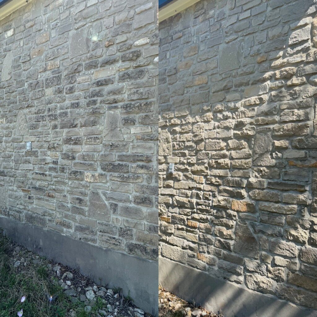 The Service Being Done Is Pressure Washing The Stone Wall To Remove Dirt And Grime For A Cleaner Appearance