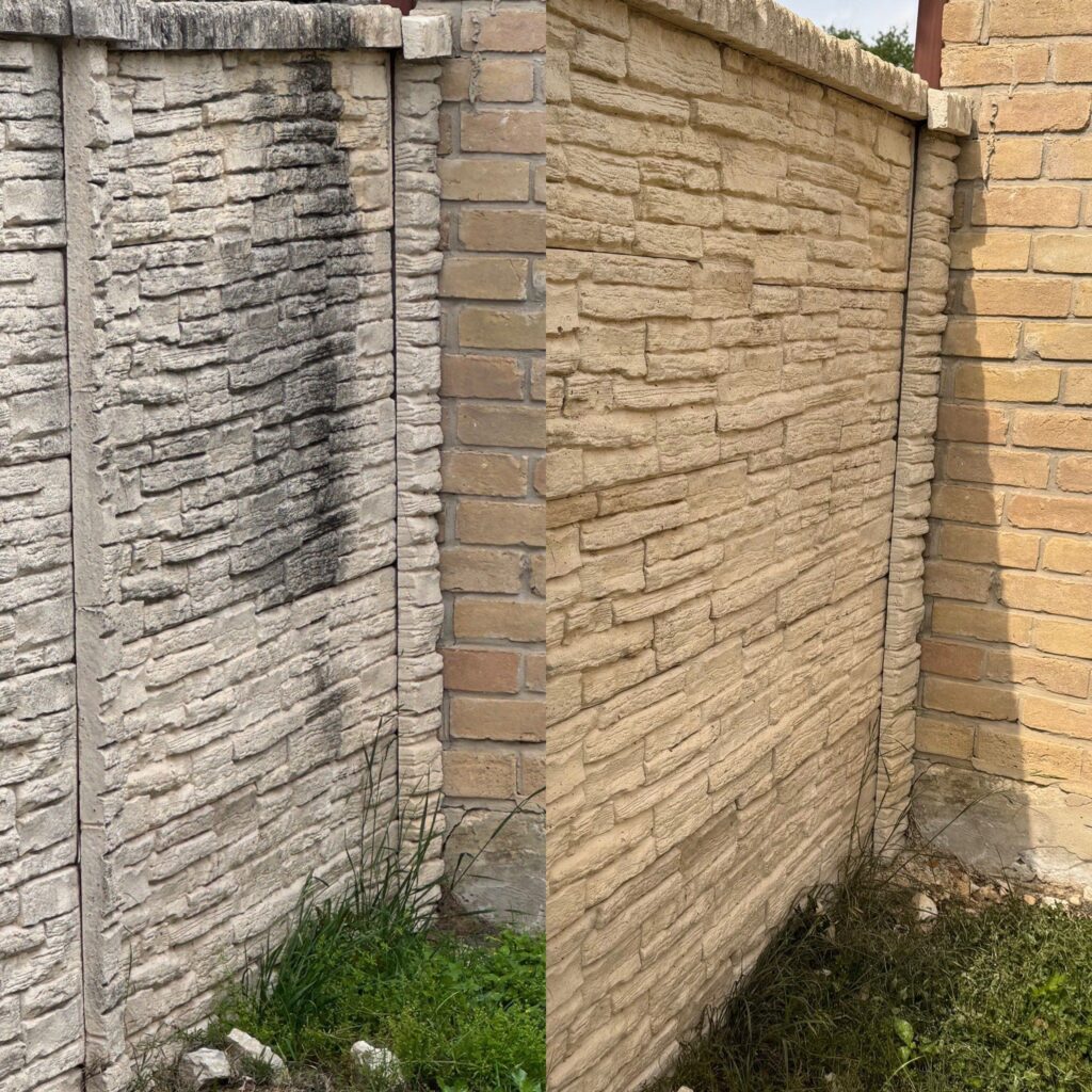 The Service Shown Is Exterior Surface Cleaning Of A Stone Wall Removing Dirt And Grime For A Refreshed Appearance