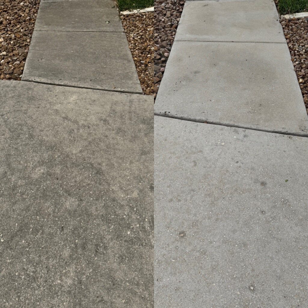 The Service Shown Is Pressure Washing To Clean Concrete Surfaces And Remove Dirt And Stains From The Pathway.
