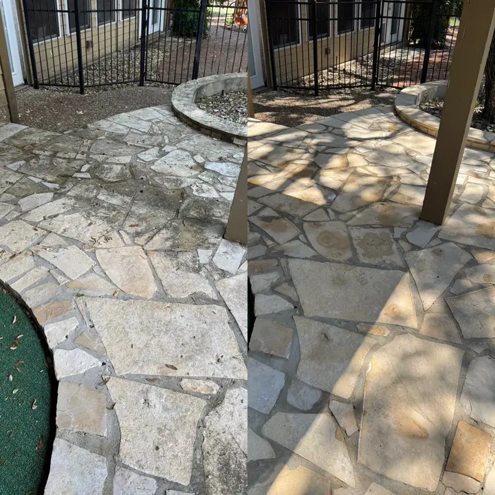 The Service Shown Is Pressure Washing Of A Stone Patio Cleaning Away Dirt And Grime For A Refreshed Look