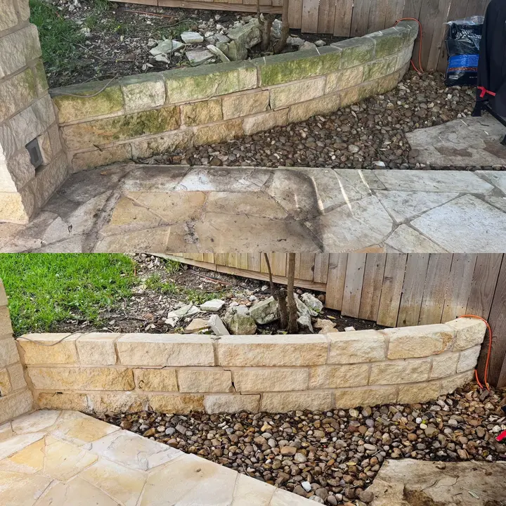 Cleaning Of Stone Surfaces Including A Retaining Wall And Patio Area Removing Dirt And Algae Buildup For Improved Appearance