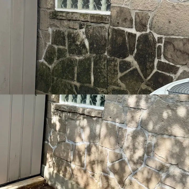 The Service Shown Is Cleaning A Stone Wall Removing Dirt And Grime For A Refreshed Appearance