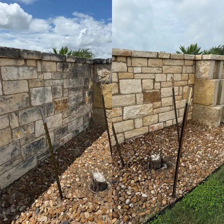 The Service Shown Involves Pressure Washing A Stone Wall To Remove Dirt And Restore Its Appearance